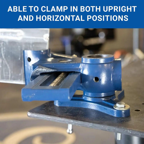 MAV-3.5 Multi-Angle Vise With Smooth 3.5x2.125 In Jaws, 4.75 In Pro Grade Clamp Power, shown clamping horizontally on a workbench.
