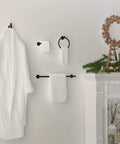 Gold 4 Piece Bathroom Hardware Set With 24 Inch Towel Bar Towel Ring Toilet Paper Holder And Robe Hook, wall mounted display.