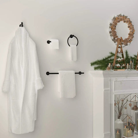 Gold 4 Piece Bathroom Hardware Set With 24 Inch Towel Bar Towel Ring Toilet Paper Holder And Robe Hook, wall mounted display.