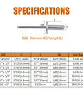 Product specifications for the 50 Pack Heavy Duty Large Flange Aluminum Blind Rivets 1 8 By 5 16 Inch Solid Steel Mandrel Rust Resistant.