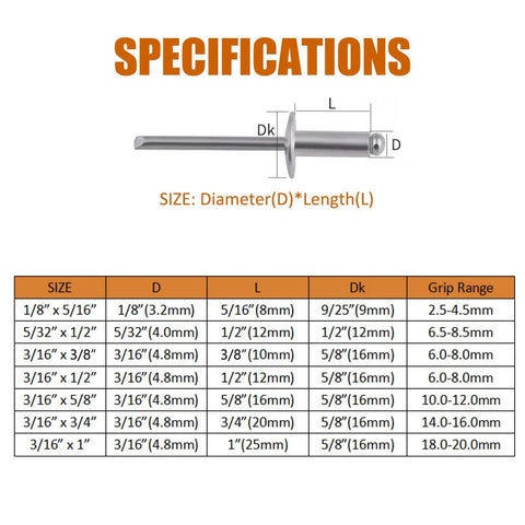 Product specifications for the 50 Pack Heavy Duty Large Flange Aluminum Blind Rivets 1 8 By 5 16 Inch Solid Steel Mandrel Rust Resistant.