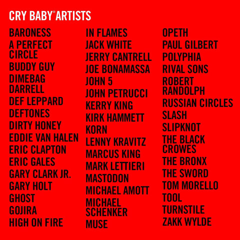 List of Cry Baby artists including Baroness, Eric Clapton, Slash, and more on a red background.