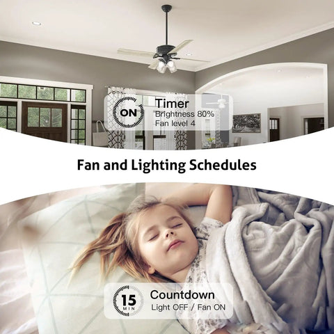 Smart Ceiling Fan Control With Dimmer For Light, 2.4GHz WiFi Only, shown in living room and bedroom settings, no hub needed.