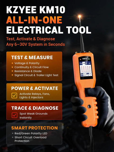 Person holding KZYEE KM10 All-in-One Electrical Tool in hand with screen displaying readings