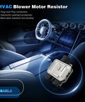 Car interior featuring HVAC blower motor resistor with plug-and-play design, overheat protection, in modern vehicle dashboard.