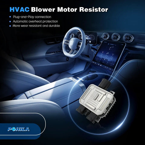 Car interior featuring HVAC blower motor resistor with plug-and-play design, overheat protection, in modern vehicle dashboard.