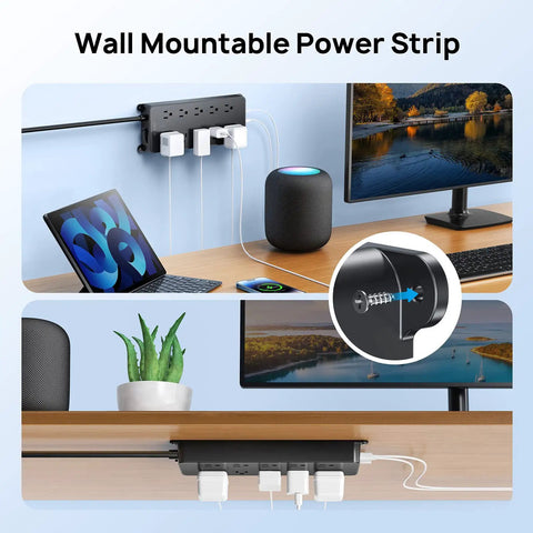 Power Strip Surge Protector With 10 Widely Spaced Outlets 2 USB C Ports And 2 USB A Ports 1875W 4000J Surge Protection, mounted on a desk.