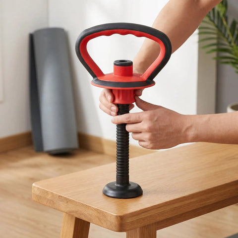 Adjustable Kettlebell Handle Grip being assembled on a dumbbell, showcasing durable plastic build for full body workout at home