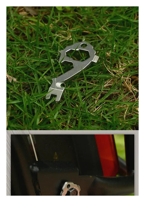 Stainless Steel Keychain Tool Pocket Multi Tool 6 Pack With Bottle Opener And Hex Wrench Cutouts on grass and in use on bike.