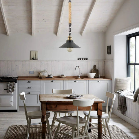 Kitchen with wooden table under 4-Pack 10.2 Inch Industrial Vintage Metal Bulb Guard Pendant Light Holders Cone Shade For Ceiling Hanging Fixture With Dope Rustic Industrial Charm Ring Not Included