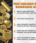 Front view of brass compression fittings set with nuts, ferrules, and sleeves in six sizes (1/8–1/2 in)