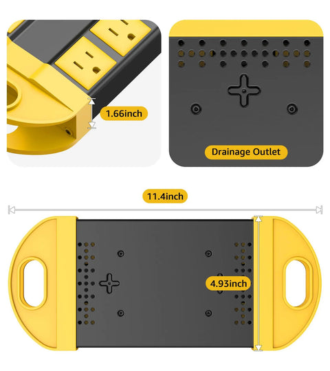 Dimensions and drainage feature of Weatherproof Outdoor Power Strip With Eight Outlets, Waterproof Extension Cord For Wet Areas, IPX6 Rated, Heavy Duty For Christmas Lights And Exterior Decor, 6 Foot Surge Protector.