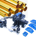 Nymfea Rechargeable Electric Pipe Bender For Refrigeration With Ratcheting Tube Bending Tool, blue attachments, designed for 1/4 to 7/8 inch copper pipes.