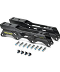 243mm Inline Skate Frame For 4x80mm Wheels, 9.6 Inch Extruded Aluminum, 165mm Mounting, shown with racing axles and bolts