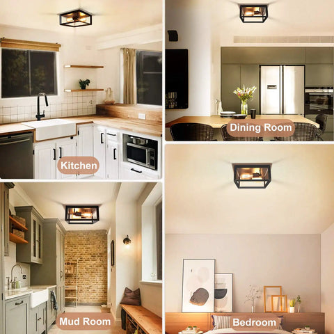 Two Light Flush Mount Ceiling Light Fixture In Industrial Black Metal Finish for kitchen, dining, mud room, and bedroom.