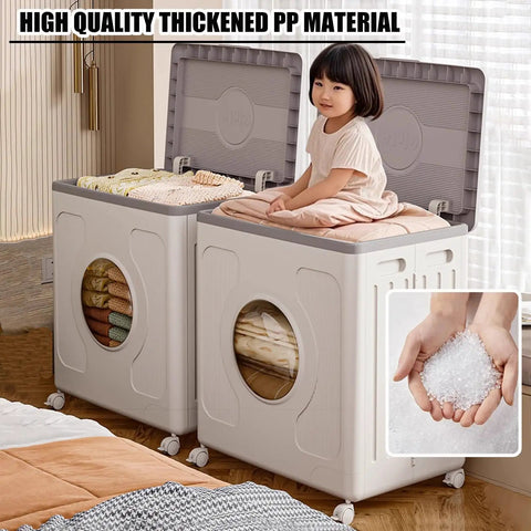 Super Roomy Foldable Storage Bin With Secure Lid And Smooth Rolling Wheels Heavy Duty Plastic Closet Organizer 160 Liter with folded linens.