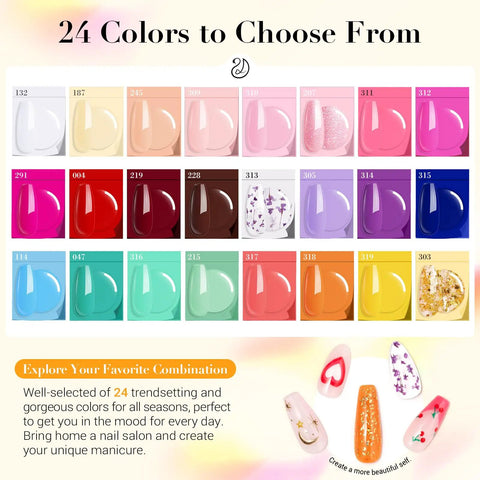 Dip Powder Nail Kit With Portable Electric Drill 24 Color Dip Powder Set in assorted greens pinks and oranges with liquid samples