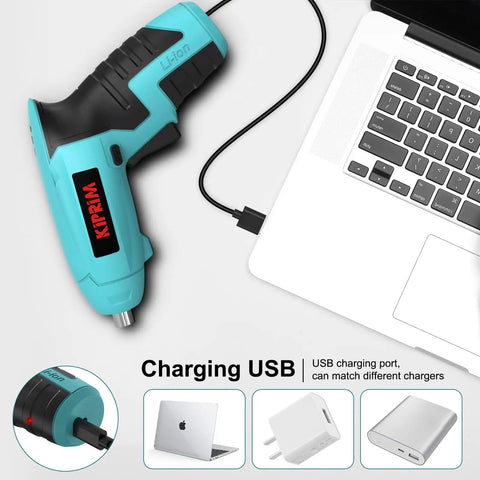 Compact 4V Cordless Screwdriver With Rechargeable Battery 11 Piece Bit Set LED Front Light And Power Display charging via USB