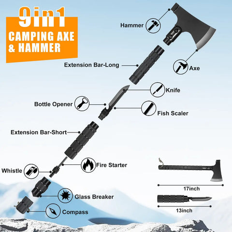 9-in-1 camping axe and hammer with all in one emergency survival kit with 360 pcs bug out bag first aid gear camping axe survival shovel