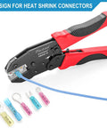 Ratcheting Crimping Tool For Heat Shrink Connectors AWG 22-10 with color coded dies, red and black handle, connected to wire.