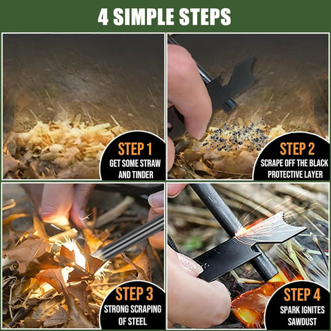 Step-by-step guide using 4 Pack Ferro Rod Fire Starter Kit with Paracord Handle for campfires and outdoor adventures.