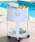60 Quart Rolling Ice Chest Cooler Cart For Patio And Party, Ultra Portable Beverage Bar With Bottle Opener And Shelf, White
