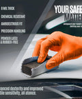 Front view of orange nitrile disposable gloves, 8 mil thick, diamond texture, large, pack of 100