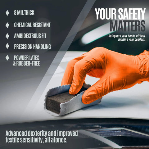 Front view of orange nitrile disposable gloves, 8 mil thick, diamond texture, large, pack of 100