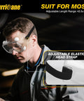 Man wearing 2 Pack PVC Safety Goggles With UV400 Transparent Lenses White Vent Valve Anti Fog Comfort Fit And Adjustable Elastic Band