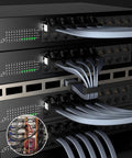 Cat8 Ethernet Cable 50 Ft Nylon Braided Shielded SFTP Patch Cord connected to networking equipment, RJ45 connectors visible