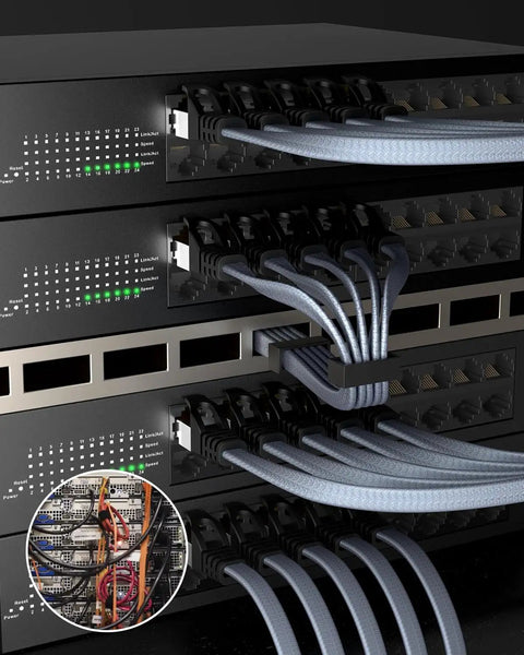Cat8 Ethernet Cable 50 Ft Nylon Braided Shielded SFTP Patch Cord connected to networking equipment, RJ45 connectors visible