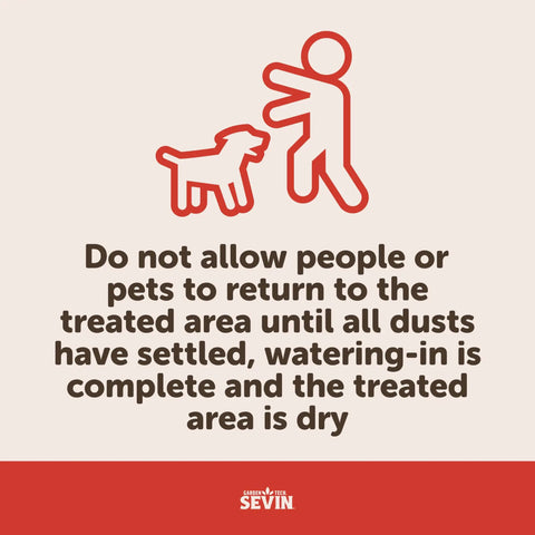 Insect Granules For Lawns And Gardens, 10 Lb Bag warning sign about keeping people and pets off treated areas until dusts settle.