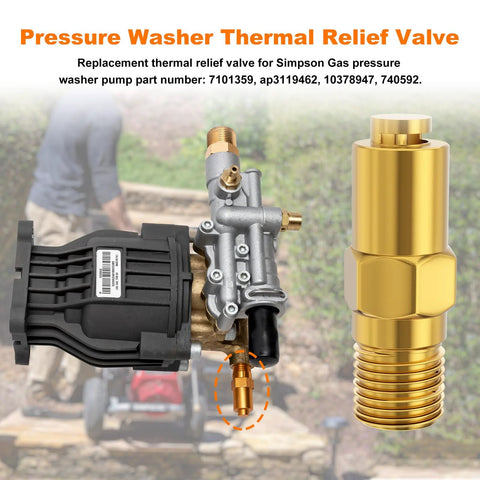 Pressure washer thermal relief valve replacement installed on a Simpson gas-powered pump; brass fittings and copper valve