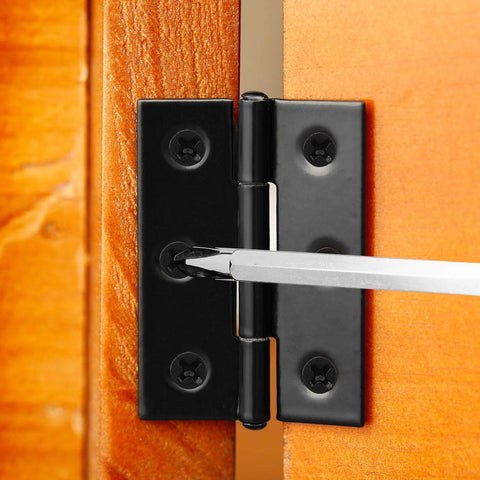 Boao small door hinge set, black stainless steel, mounted on wooden door with screws