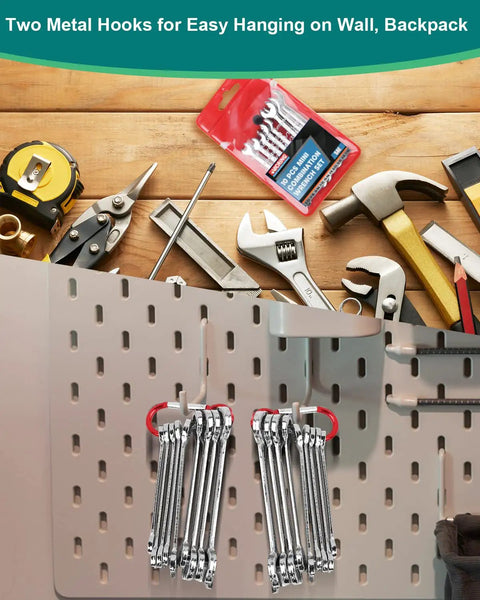 Compact Twenty Piece Wrench Set With Metric And SAE Sizes hung on tool wall, including storage pouch for easy organization.