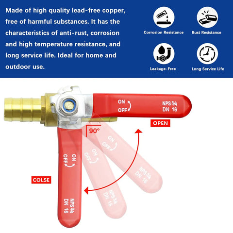 Three Quarter Inch PEX Ball Valve Kit with brass full port shut off valve, red handle, showing open and closed positions
