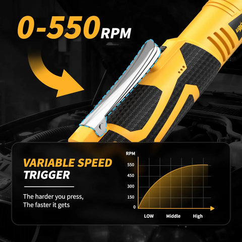 Cordless Three-Eighths Inch Ratchet Wrench Set With 45 Ft Lbs Torque And Variable Speed Up To 550 RPM, 16.8 Volt Power Tool For Auto Maintenance, Easy Nuts And Bolts Tightening And Removal showing variable speed trigger