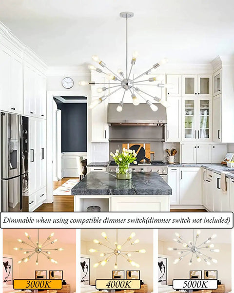Sputnik Chandelier Light Fixture With Chrome Finish in modern kitchen setting showcasing ambient lighting effects.