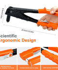 Manual Pop Rivet Gun Kit With 4 Replaceable Nosepieces And 200 Rivets Ergonomic Handle, dimensions highlighted
