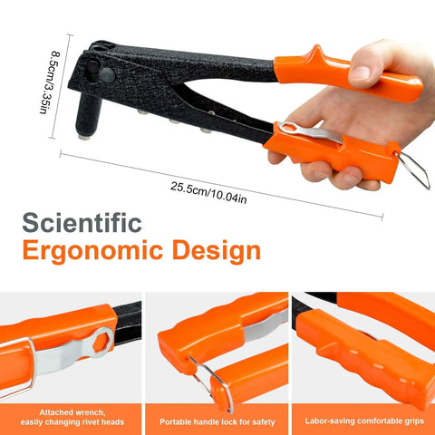 Manual Pop Rivet Gun Kit With 4 Replaceable Nosepieces And 200 Rivets Ergonomic Handle, dimensions highlighted