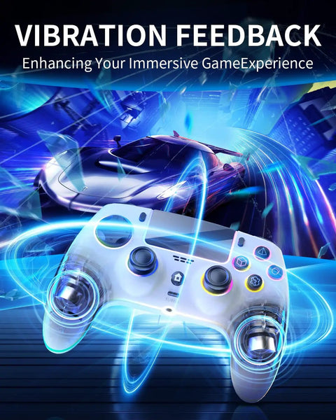 Wireless Controller For PS5 Pro Slim And PC with haptic feedback in futuristic gaming scene.