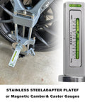 Pro Shop Grade Wheel Alignment Tool Kit with Magnetic Camber Gauge on a wheel, showing camber readout and setup details.