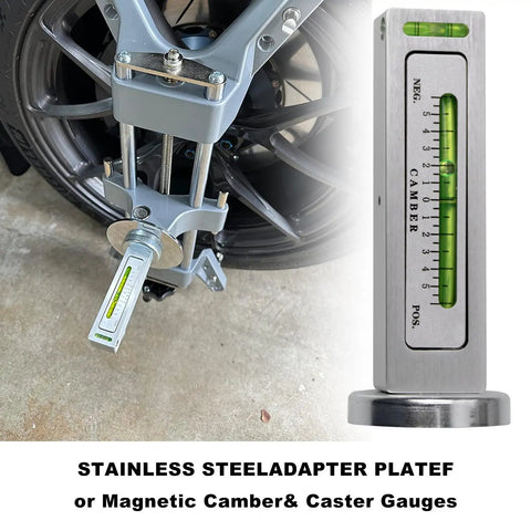 Pro Shop Grade Wheel Alignment Tool Kit with Magnetic Camber Gauge on a wheel, showing camber readout and setup details.
