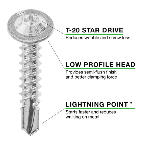 Close-up of Size 10 X 1 Inch Metal To Metal Low Profile Self Drilling Screw with T20 star drive, lightning point tip, and low profile head.