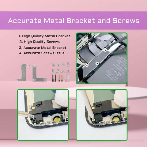 Image showing Complete Inner Screws Set And Full Internal Metal Bracket Kit For iPhone 13 Repair DIY Includes Bottom Small Screws And Internal Bracket Plates With Precision Screwdriver Tools Compatible With A2631 A2633 A2634 A2635 A2482, highlighting metal bracket and screws details with installation views.