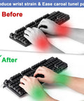 Comparison of before and after using Clear Acrylic Tilted Keyboard Tray For Ergonomic Typing showing wrist strain reduction.