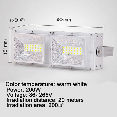 Rock Solid 200W Led Flood Light With Adjustable 180 Degree Head And Warm White Glow showing dimensions and specifications for outdoor use.