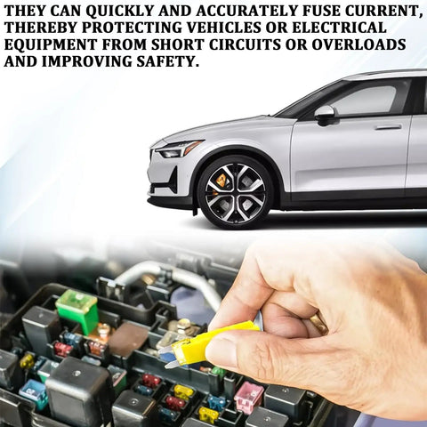 Hand using 120Piece Mini Blade Fuse Kit With Puller Tool Color Coded Inserts All In One Auto Fuse Set for vehicle safety