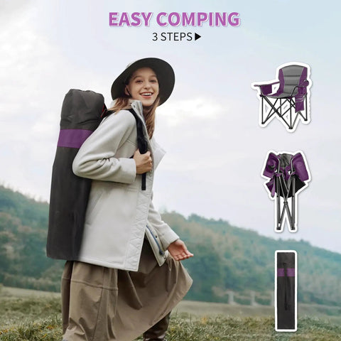 Woman carrying Oversized Padded Camping Chairs 2 Pack For Adults, Heavy Duty Support Up To 400 Lbs, folding in bag, purple and black