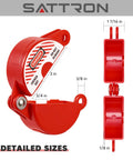 Two Set Gate Valve Lockout Kit With Safety Padlocks For 1 To 2.5 Inch Valve Handles, close-up of red lockout device with dimensions